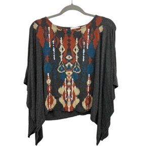 Black Bead Ikat Southwestern Top S/M Boho Drape Made in USA Flowy Blouse
